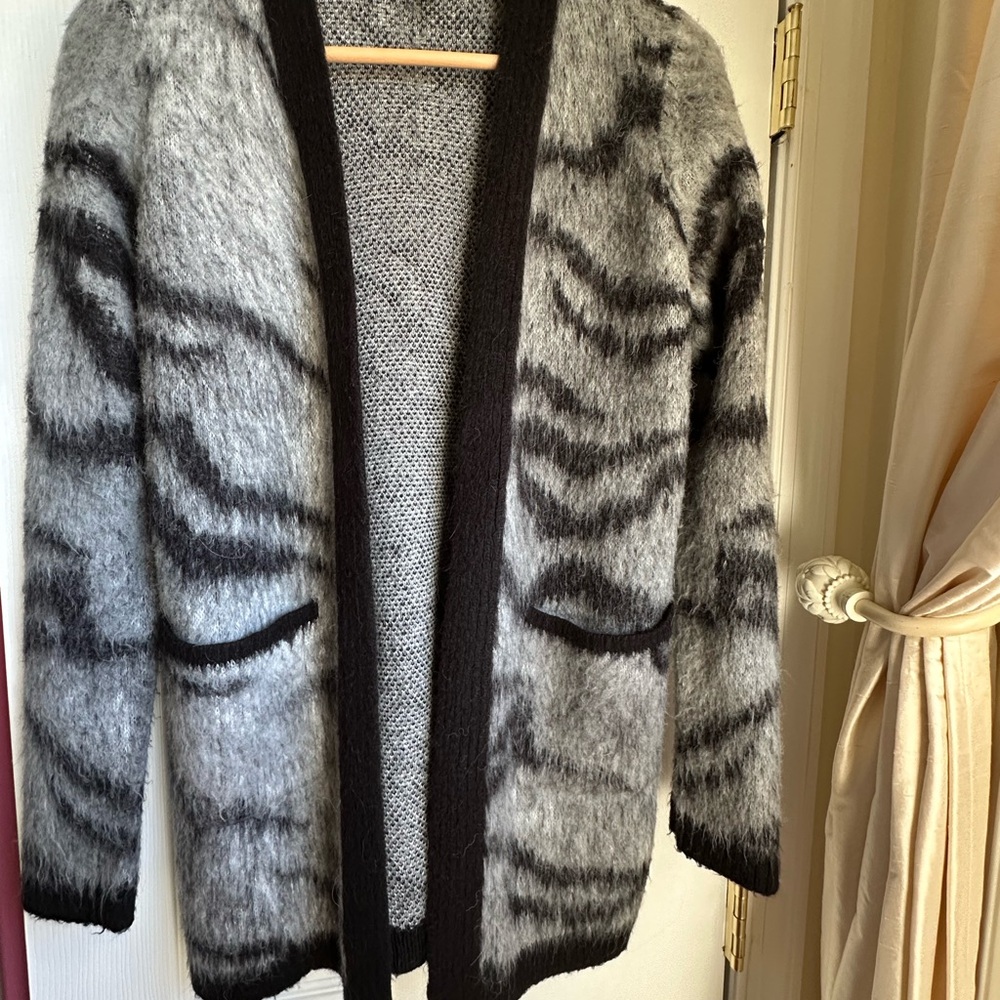White House Black Market Fuzzy Gray and Black Cardigan